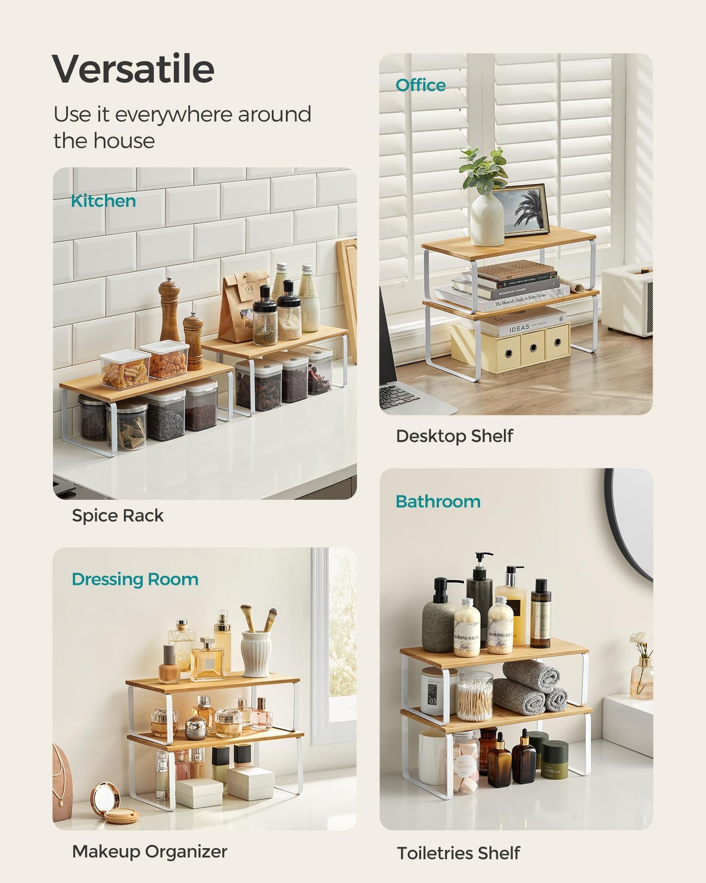 SONGMICS Cabinet Organizer Shelf, Set of 4 Kitchen Counter Shelves, Kitchen Storage, Spice Rack, Stackable, Expandable, Metal and Engineered Wood, Cloud White and Natural Beige UKCS010N01