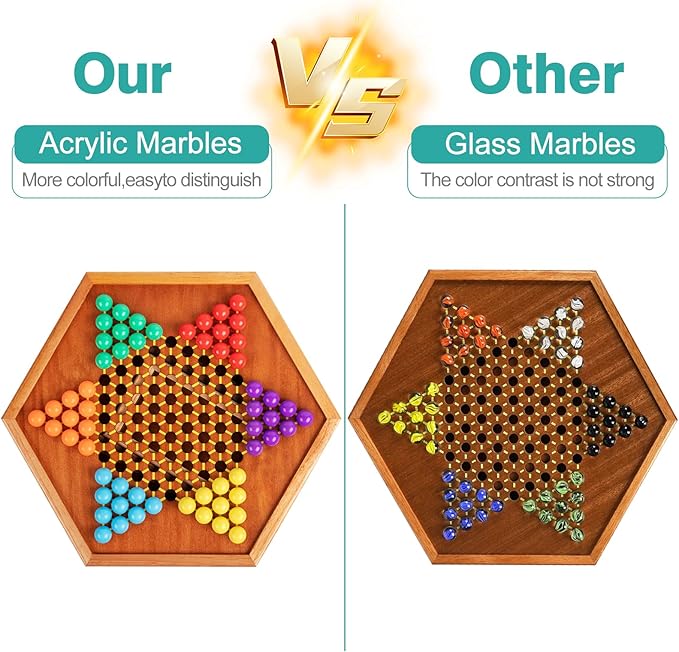 HOLYKING 12.6 Inchs Wooden Chinese Checkers with Drawer-Traditional Board Game with Set of 16mm 60+12 Colorful Acrylic Marbles Classic Strategy Family Game for up to 6 Players