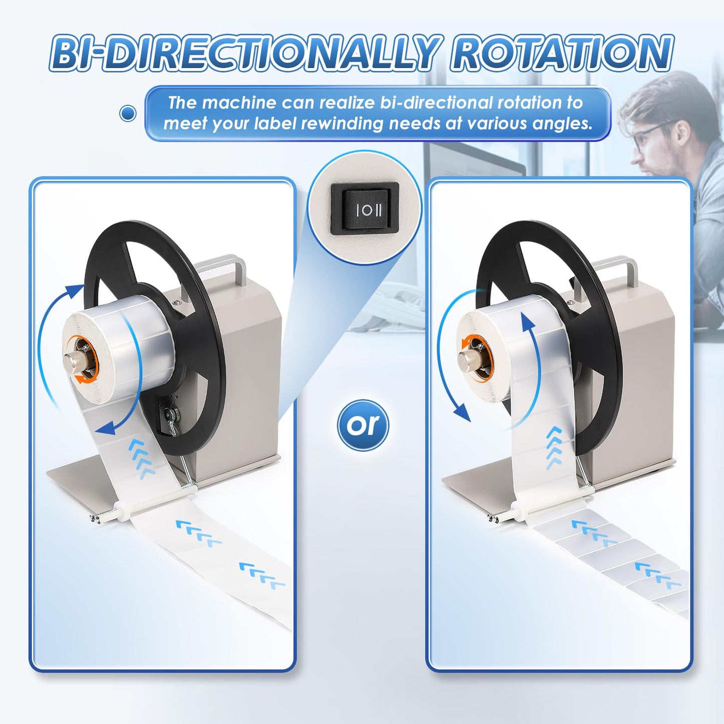 Frifreego Automatic Label Rewinder, Speed-Adjustable Sticker Rewinder, Bidirectional Label Rewinding Machine, Synchronized with Printer, 1"/1.5"/3" Core Holder, Width 3.54"