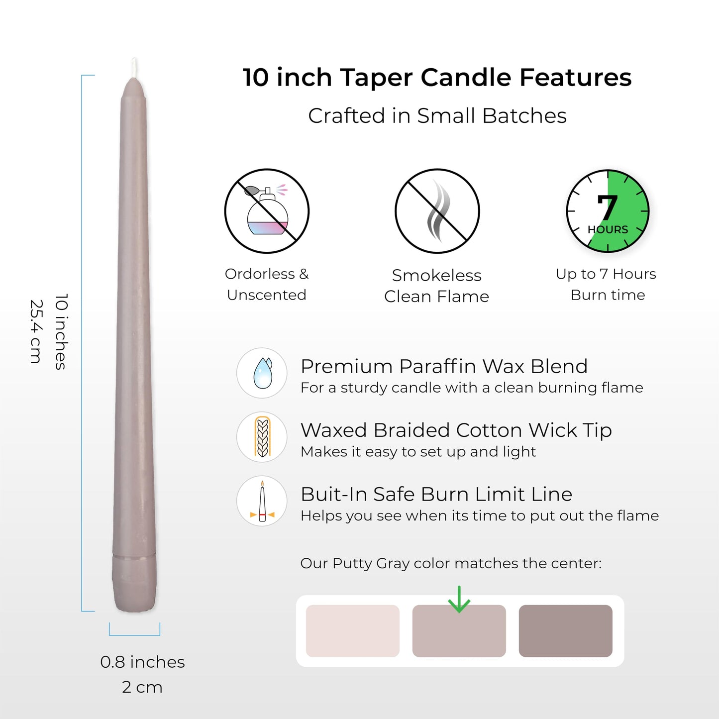 Putty Gray Taper Candles 10 Inch, 12 Pack - Unscented Dripless Dinner Candles, 7 Hour Burn Time, Premium Solid Wax Candlesticks for Weddings, Parties, Events & Home Decor. Candlesticks