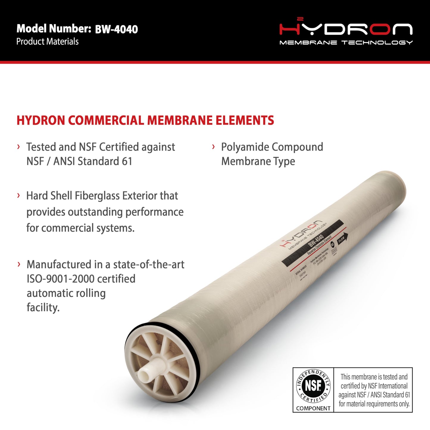 Hydron BW-4040 Reverse Osmosis Membrane – 4" x 40", 2400 GPD | High Performance for Commercial, Industrial, Agricultural, Whole House | Compatible with AG4040FF, AG4040TF, TW30-4040, RE4040-BE