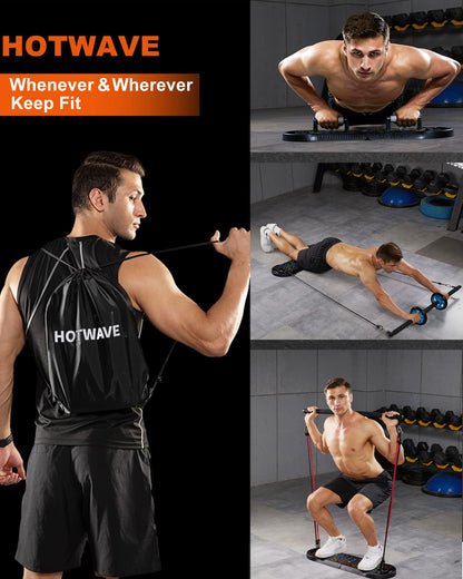 HOTWAVE Portable Exercise Equipment with 16 Gym Accessories,20 in 1 Push Up Board Fitness,Resistance Bands with Ab Roller Wheel,at Home Workout for Men