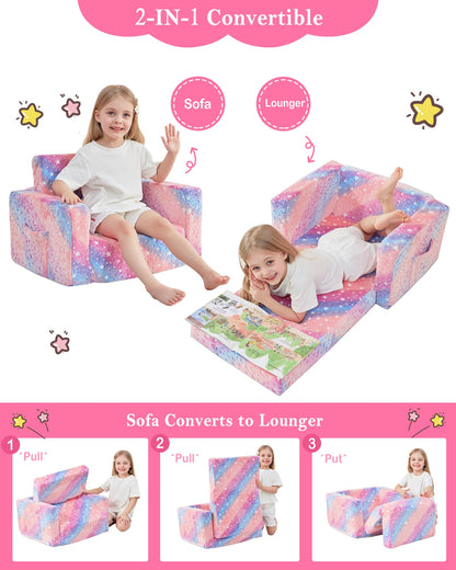 lasoftan Toddler Couch, 2-in-1 Soft Kids Couch Bed Fold Out, Toddler Chairs Comfy for Boys & Girls, Convertible Kids Sofa to Lounge for Playroom, Gift for Birthday, Children's Day- Glow Star