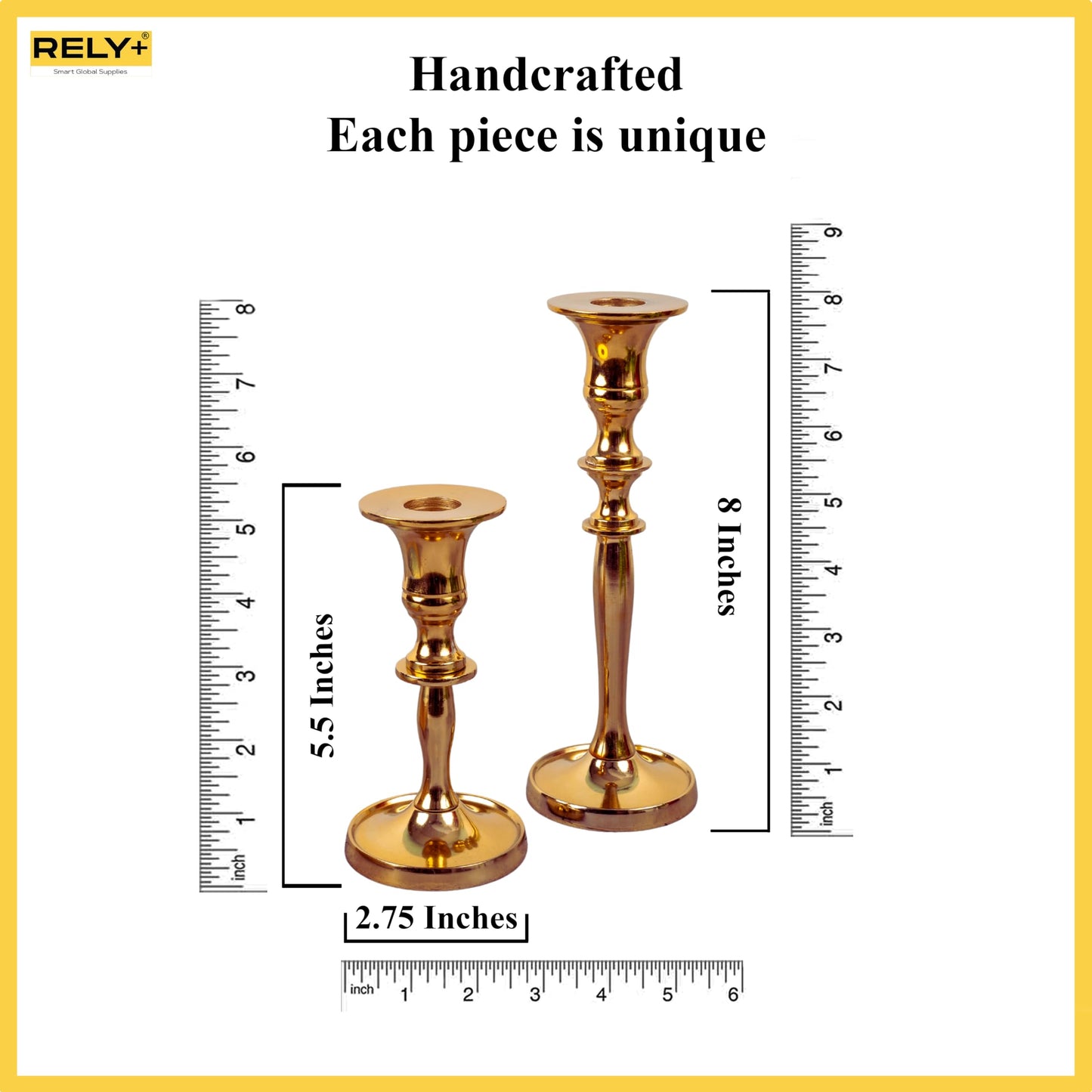 Rely+ Gold Metal Candle Holders for Taper Candlestick Set of 2 8" & 5.5" Tall Decorations for Home Table Centerpiece for Wedding, Parties, Dinners, Decorations