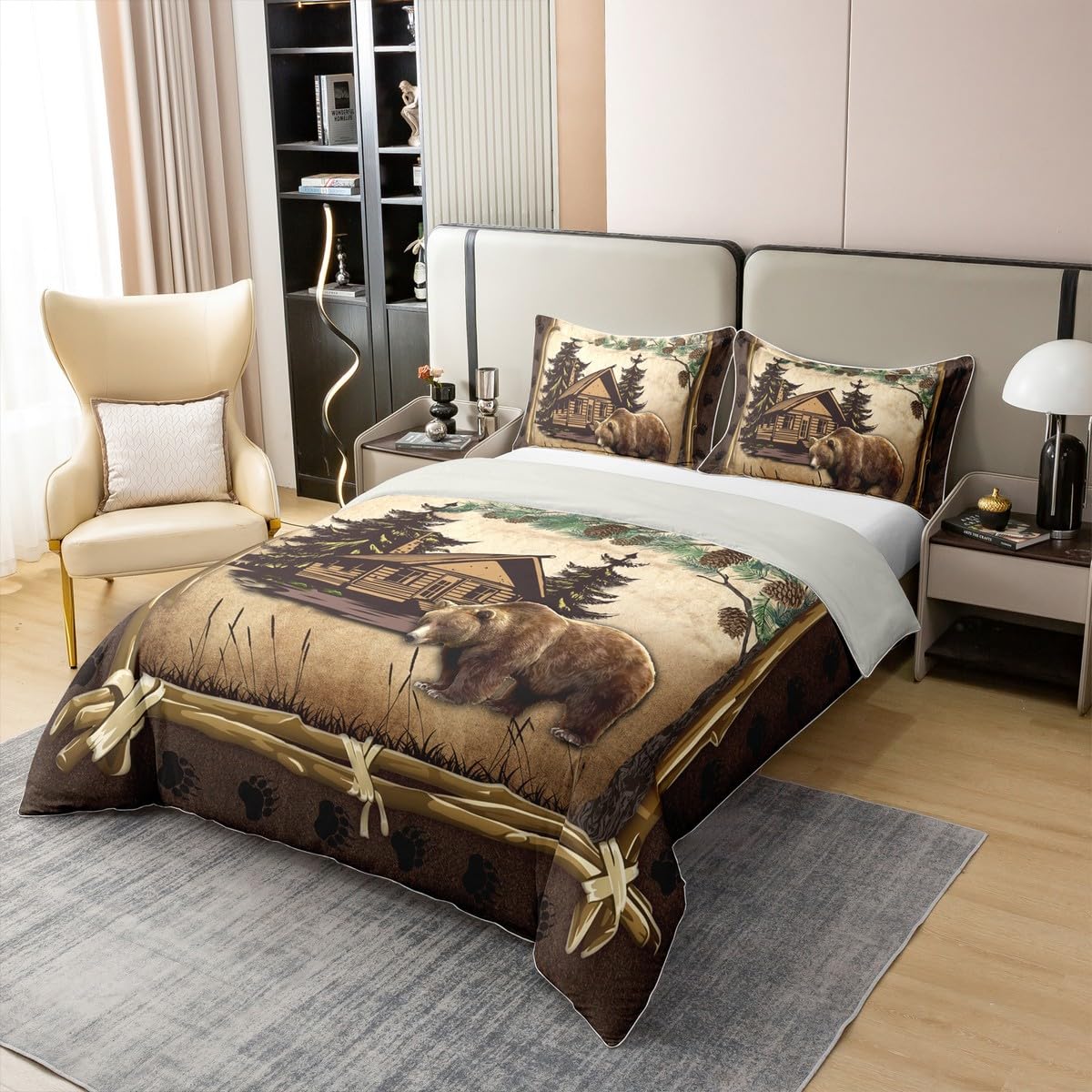 100% Cotton Jungle Wooden Cabin Duvet Cover,Outdoor Adventure Wild Bear Pine Tree Bedding Set for Room Decor,Retro Wood Frame Bear Wildlife Paw Print All Season Comforter Cover (No Comforter) Queen