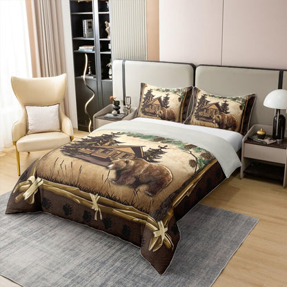 100% Cotton Jungle Wooden Cabin Duvet Cover,Outdoor Adventure Wild Bear Pine Tree Bedding Set for Room Decor,Retro Wood Frame Bear Wildlife Paw Print All Season Comforter Cover (No Comforter) Queen