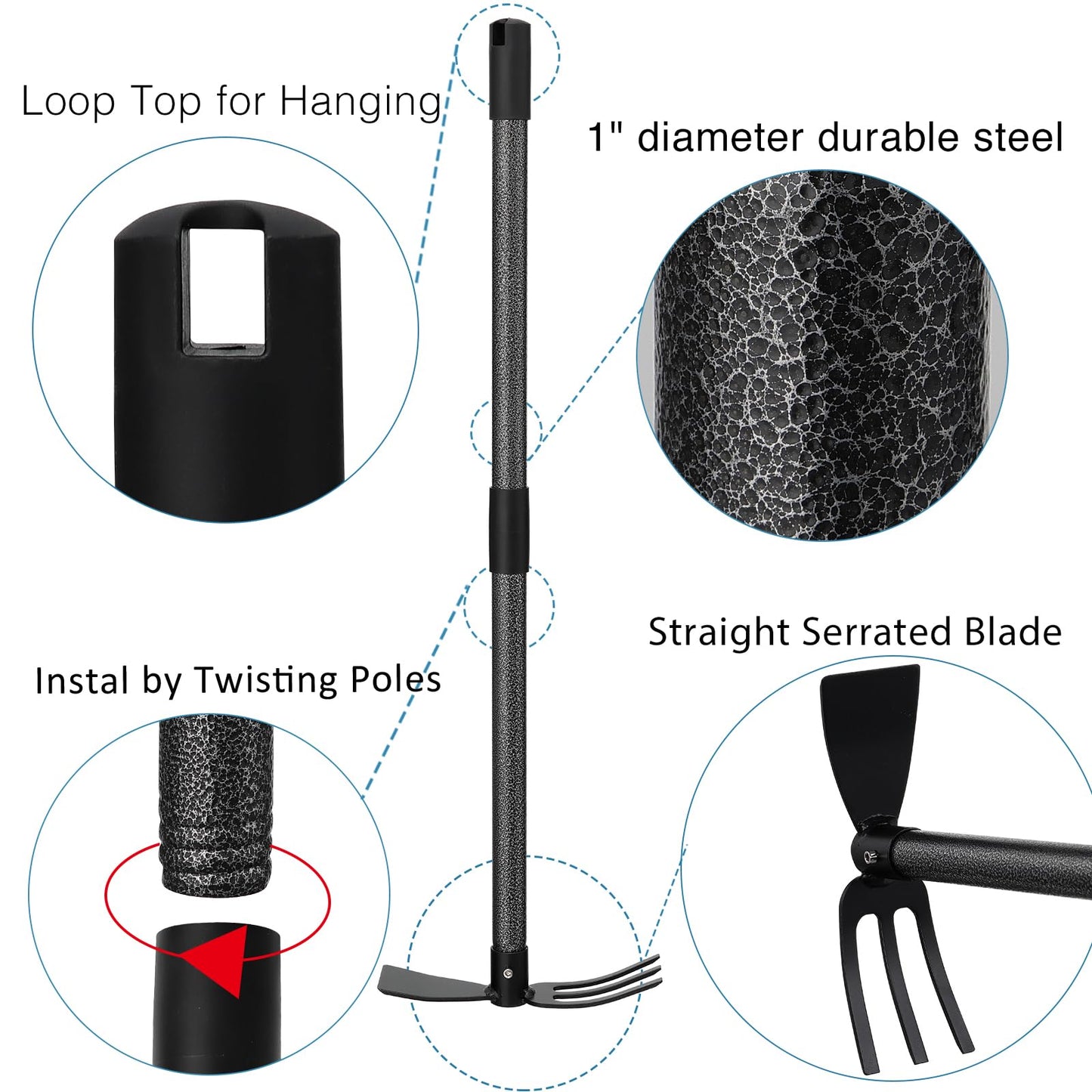 Hoe and Cultivator Gardening Hand Tools, Heavy Duty Stainless Steel Garden Hoe and 3 Fork Hand Tiller for Gardening Weeding Planting with Adjustable Handle 45 inch