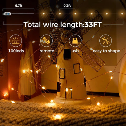 Ariceleo 1 Pack 65. 6 ft. USB Powered Fairy Lights with Remote & Timer, 100 LED USB Twinkle String Lights - Silver Wire, 8 Modes, Waterproof, Warm White Starry Lights for Party, Wedding, Christmas