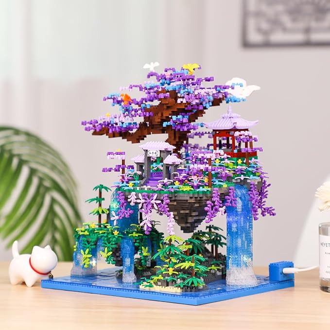 Chinese Moon Palace Pavilion Building Blocks Set - Micro Miniature Bonsai Tree House with String Lights and Flowers for Adults Teens 14+ (4574 Pieces)
