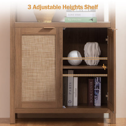 SICOTAS Bookshelf 5 Tier Book Shelf Rattan Boho 71" Tall Bookcase with Doors Storage Shelves Large Bookshelves Farmhouse Bookcases Library Book Case for Living Room Bedroom Home Office Kitchen