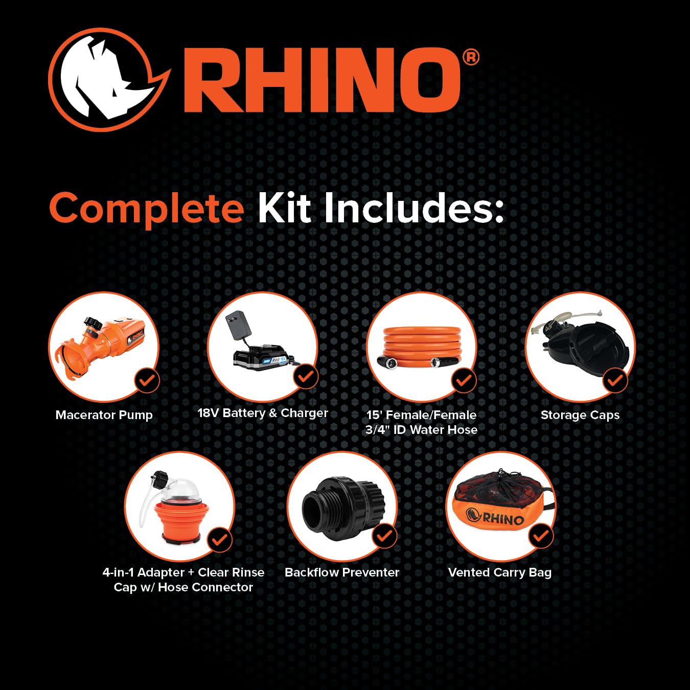 Camco Rhino 18V Cordless RV Macerator Pump – Portable Sewage Waste Pump System, Lithium Battery Powered, Pumps Uphill & Long Distance, Fits 3”–4” Sewer Outlet, Quiet Brushless Motor, 12 GPM (39030)