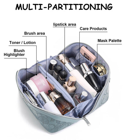 BOYATU Travel Makeup Bags Cosmetic Organizer Bag: 3 Pcs Set Large Capacity Floral Make up Bag with Compartments - Waterproof Leather Toiletry Bags with Handle for Women (01-Light Blue)