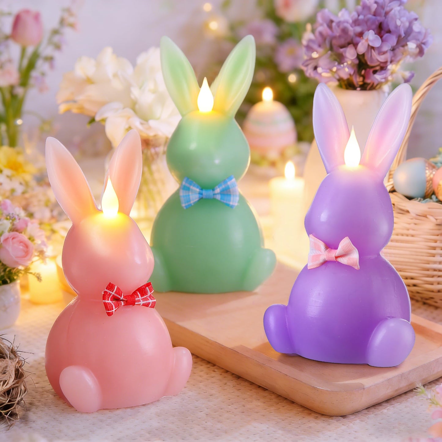 LCZLUMIPRO 3PCS Easter Bunny Flameless Candles, LED Easter Candles Battery Operated Rabbit-Shaped Real Wax Pink Purple Green,Spring Party Decoration Centerpiece Table Home Decor (No Remote)