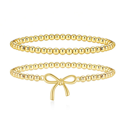 Jsuospmy Gold Beaded Bracelets for Women 14K Gold Bow Bracelet Handmade Stackable Bracelets for Women Trendy Non Tarnish Bracelet Jewelry Gift for Womens 2Pcs (02.Bow+Beaded (Gold))