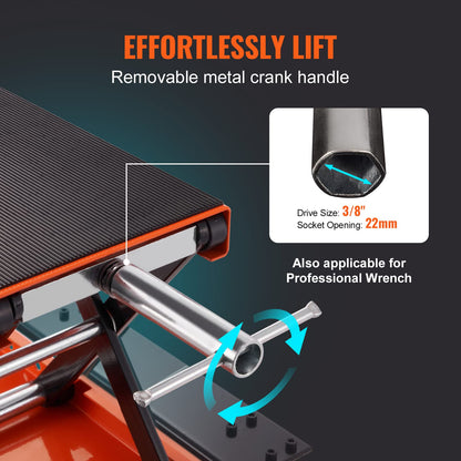 VEVOR Motorcycle Lift, 1100 LBS Motorcycle Lift ATV Scissor Lift Jack with Dolly & Hand Crank, Center Hoist Crank Stand with Wide Deck & Tool Tray for Street Bikes, Cruiser Bikes, Touring Motorcycles