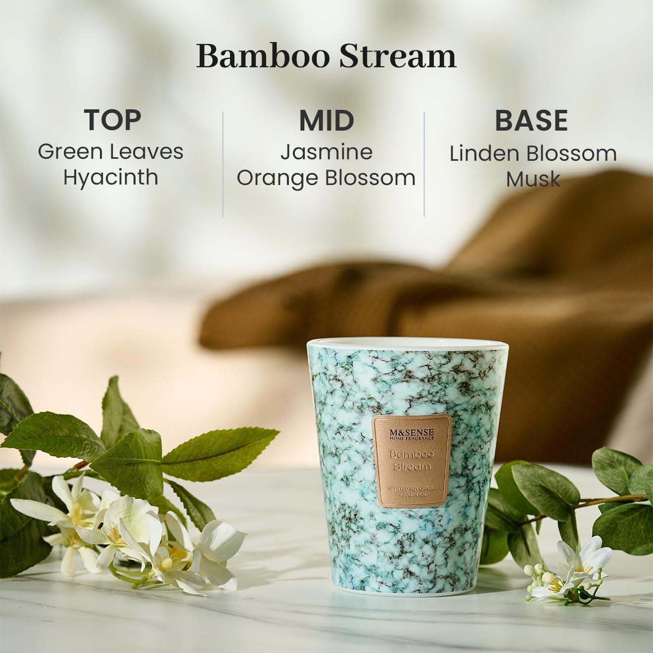 M&SENSE Bamboo StreamScented Soy Candle, 3 Wick Highly Scented 14.1 Oz 75H, Aromatherapy Christmas Gift for Women and Men