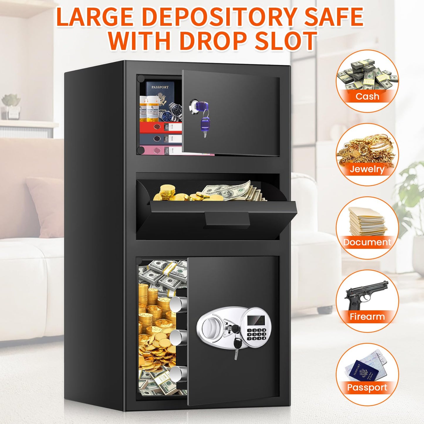 5.6 Cuft Large Depository Drop Safe for Business, Anti-Theft Safe Box with Quick Place Drop Slot, Digital Keypad and Spare Key, Heavy Duty Drop Safes for Business Retail Mail Church Home