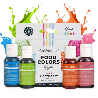 Chefmaster 4-Bottle Set of Neon Food Coloring, Liqua-Gel® Vibrant Colors, Professional-Grade Dye for Easter Eggs, Icing, Frosting, Fondant, & Batters, Fade-Resistant, Made in USA, 0.67 oz