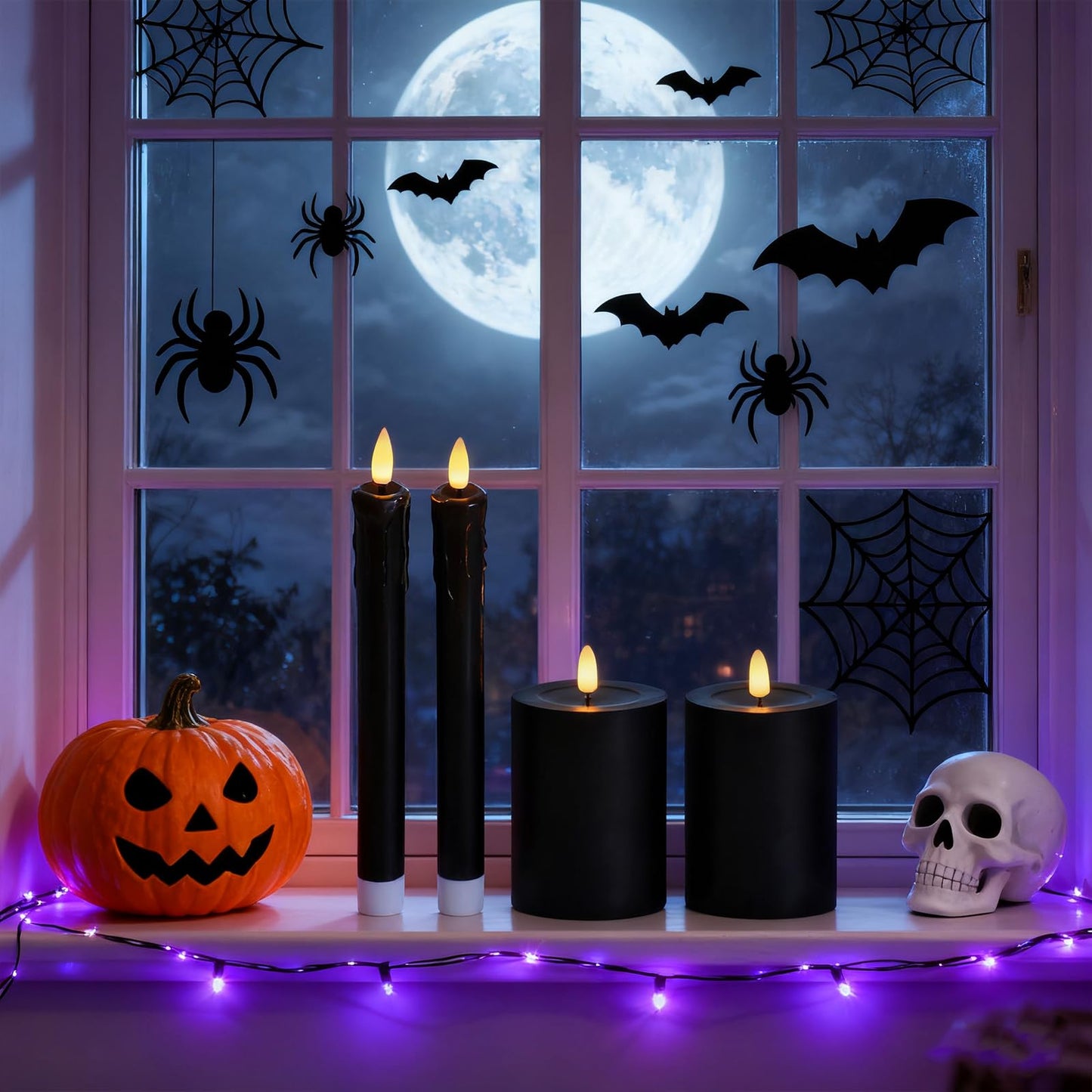 Lezonic Halloween Black Flameless Candles with Remote, Battery Operated Real Wax with Dripping Effect, Flickering LED Candles for Fireplace, Shelf, Centerpiece, Set of 4 (9.5" Taper & 5" Pillar