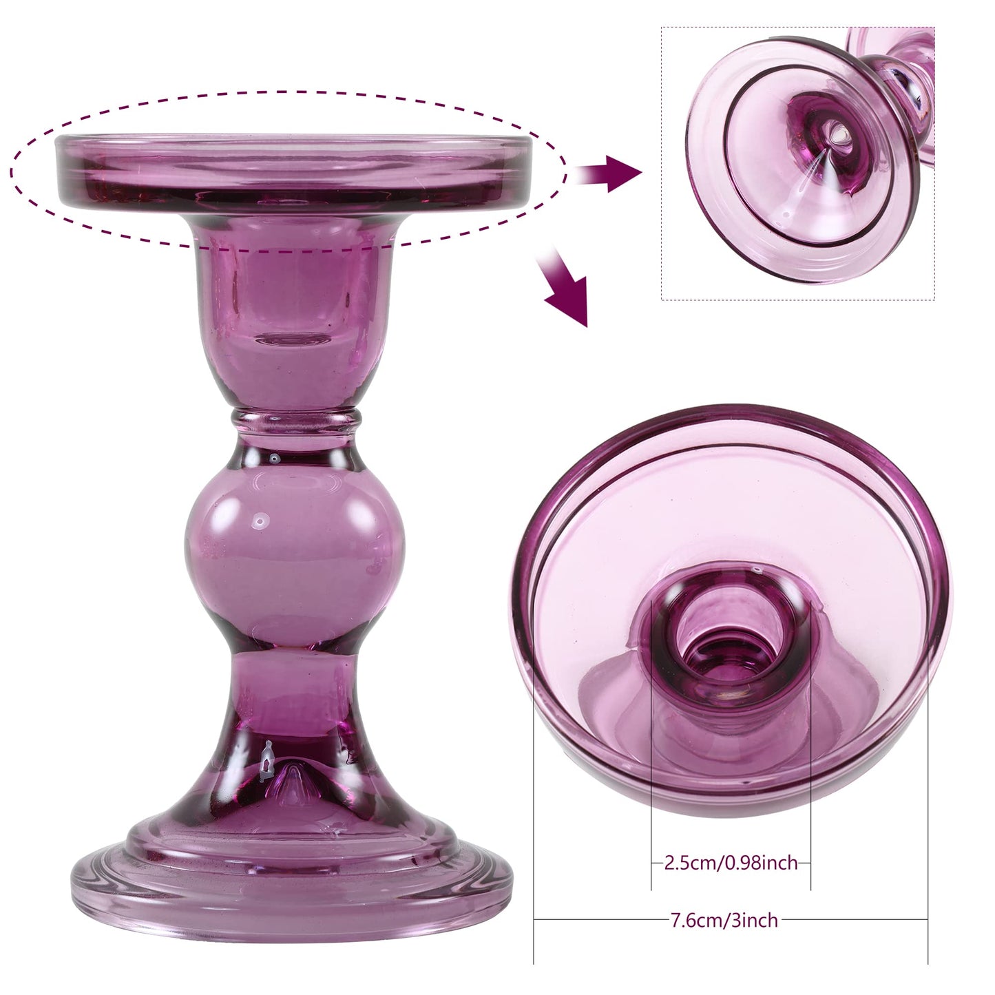 GMWD 3 Pcs Glass Candle Holder Set Clear, Purple Candlesticks Holders Pillar Taper Candles Tealight Stand for Wedding Centerpieces Home Decorations Dining Table