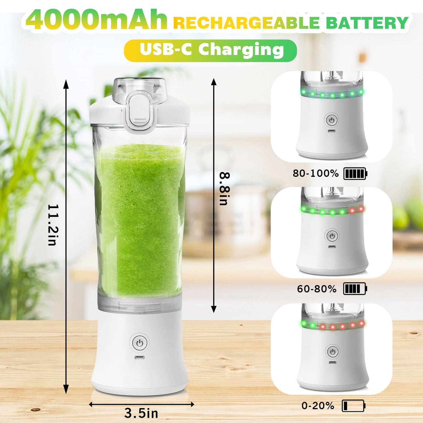 Portable Blender Personal Juicer for Shakes and Smoothies - 20 OZ Electric Protein Shaker Bottle with Insulated Sleeve, Travel Lid, USB-C Rechargeable - Mini Small Blender Cup for Kitchen, Office, Gym