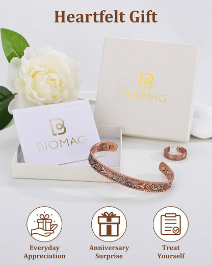 BioMag 99.99% Pure Copper Bracelet&Ring for Men and Women, Adjustable Magnetic Bracelet & Ring with 3500 Gauss Magnets, Vintage Flower Design, Jewelry Christmas Gift
