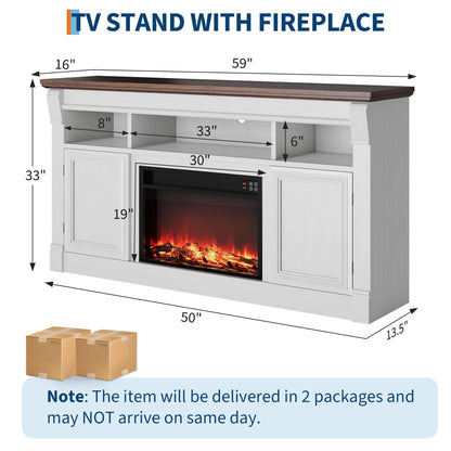 GAOMON 58 Inch Fireplace TV Stand, Wooden Entertainment Center with 36 Inch Electric Fireplace, 3D Realistic Flame, Farmhouse Media Console with Storage Cabinets for Living Room, White+Brown