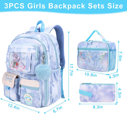 Youngsing Girls Backpack Set 3 IN 1,Cute Rainbow Kids Backpack with Insulated Lunch Box Pen Case Set Student School Bag(Pink-3 pieces set)