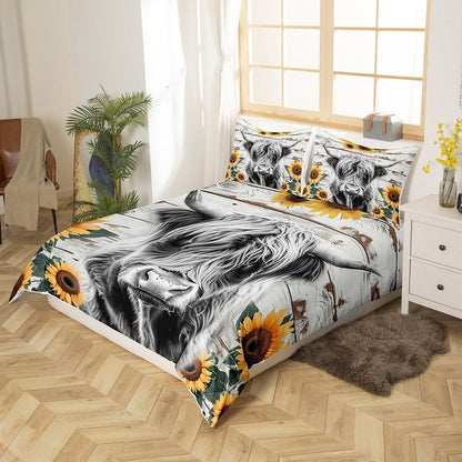 Highland Cow Bedding Set Kids Farm Highland Cattle Comforter Cover Set for Girls Women Sunflower Farmhouse Style Duvet Cover King Size Breathable Wood Grain Bedspread Cover Room Decor Quilt Cover
