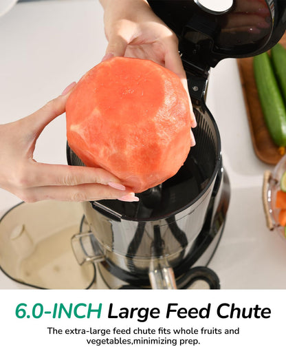 Canoly C09 Cold Press Juicer, 6" Extra Wide Feed Chute, 3-IN-1 Strainers (Juice & Sorbet & Nut Milk), Powerful AC Brushless Motor, Self Precut System, Juicer Machines with BPA-Free (Classic)