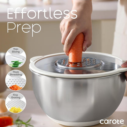 CAROTE Stainless Steel Mixing Bowls with Lids Set,12 Pcs Nesting Bowls Clear Airtight Lids 3 Grater Attachments,Non-Slip Bottoms & Measurement Marks Mixing Bowls,Size 5,3,2,1.5,1QT