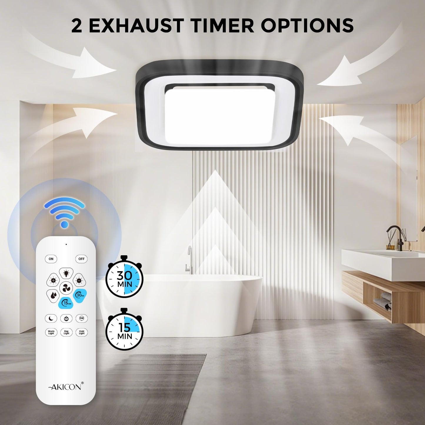 Akicon Bathroom Exhaust Fan with RGB LED Light, 110 CFM 1.5 Sone Ultra Quiet Bathroom Vent Fan for Ceiling, 3CCT Dimmable Light & Nightlight, Remote Control, Square (Black)
