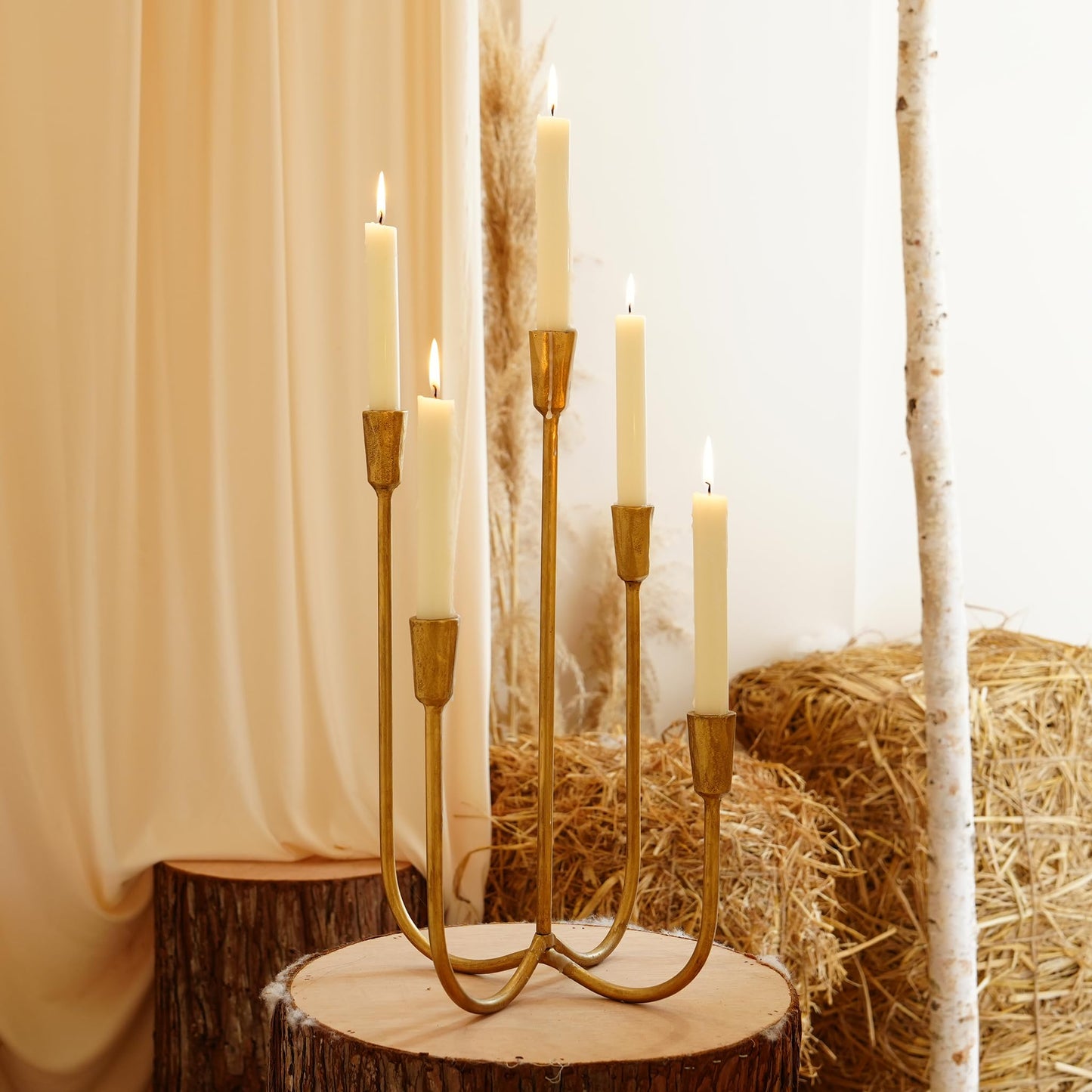 Cast Iron Candelabra 5-Taper Candle Holders, Golden Metal Candlestick Holders Tabletop Candles Stand, Decorative Table Centerpieces Mantel Decor, Antique Brass