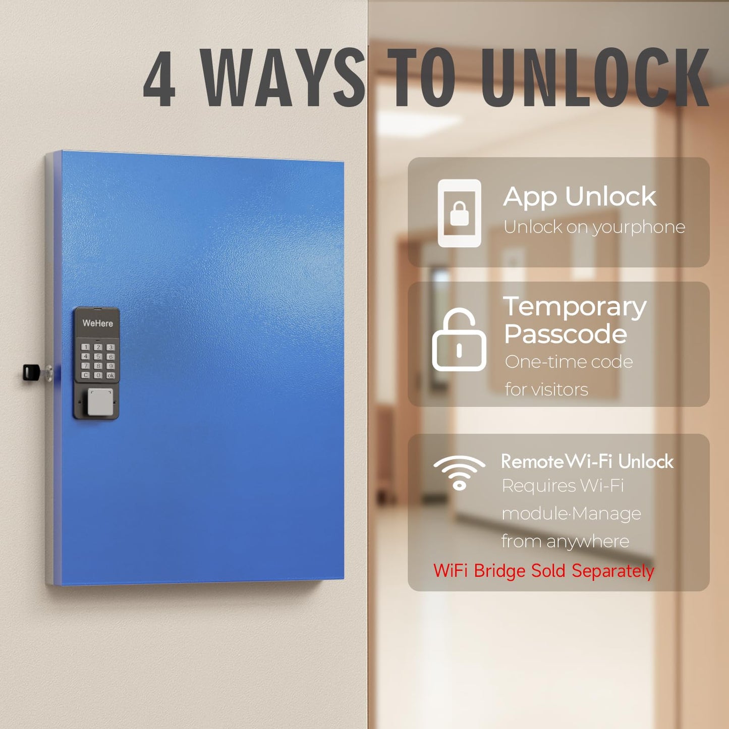 WeHere 72-Key Smart Key Lock Box, Wall-Mount Key Cabinet with Key Management App(Track Key Borrow/Return), Keypad, Bluetooth & WiFi Unlock (Sold Separately) for Commercial, School, Rental, Office