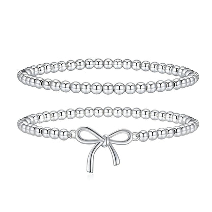 Jsuospmy Silver Beaded Bracelets for Women 14K Silver Bow Bracelet Handmade Stackable Bracelets for Women Trendy Non Tarnish Bracelet Jewelry Gift for Womens 2Pcs (07.Bow+Beaded (Silver))