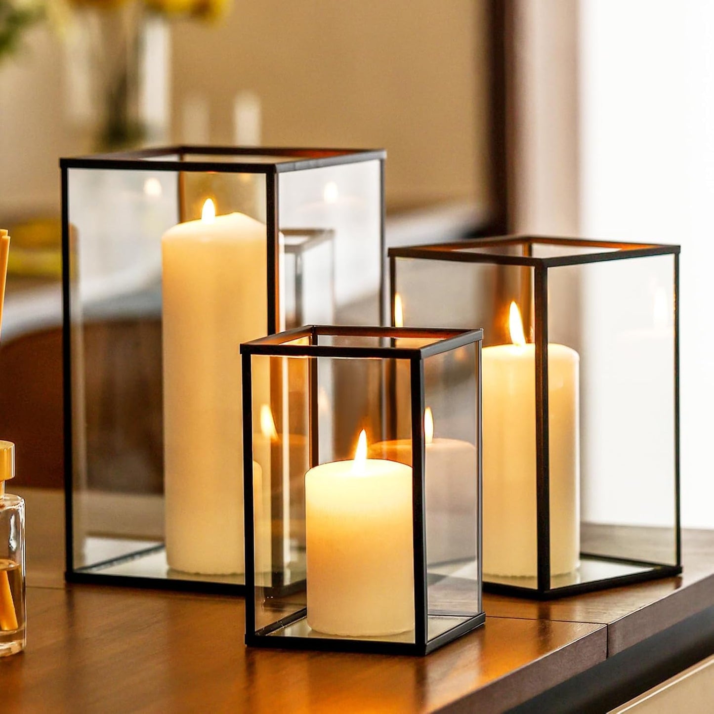 PHOSPHOR Hurricane Glass Candle Holder Set of 6 Pieces Black Hurricane Candleholders for Wedding Party Holiday Birthday Home Decor Lanter