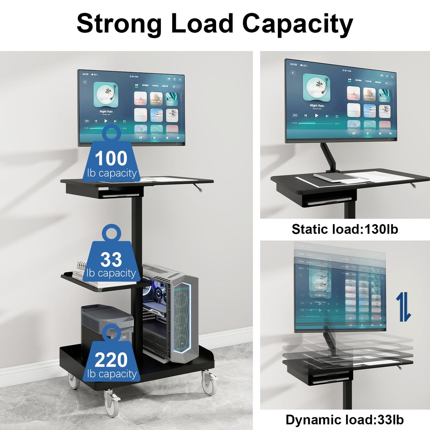 Natwind Mobile Workstation Cart with Monitor Mount,Height Adjustable Rolling Computer Cart, Heavy-Duty Rolling Standing Desk with CPU Holder for Home Office, School,Warehouse, Medical（Black）