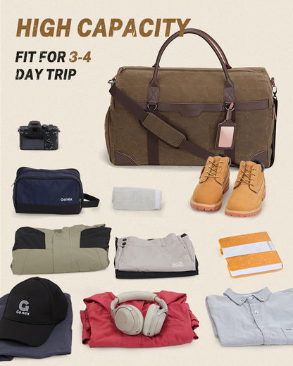 Gonex Waxed Canvas Duffle Bag for Travel, Water-resistant Vintage 55L Duffel Weekender with Shoes Compartment & Luggage Tag, Heavy-duty Overnight Bag with Suitcase Handle Sleeve for Men, Dark Brown