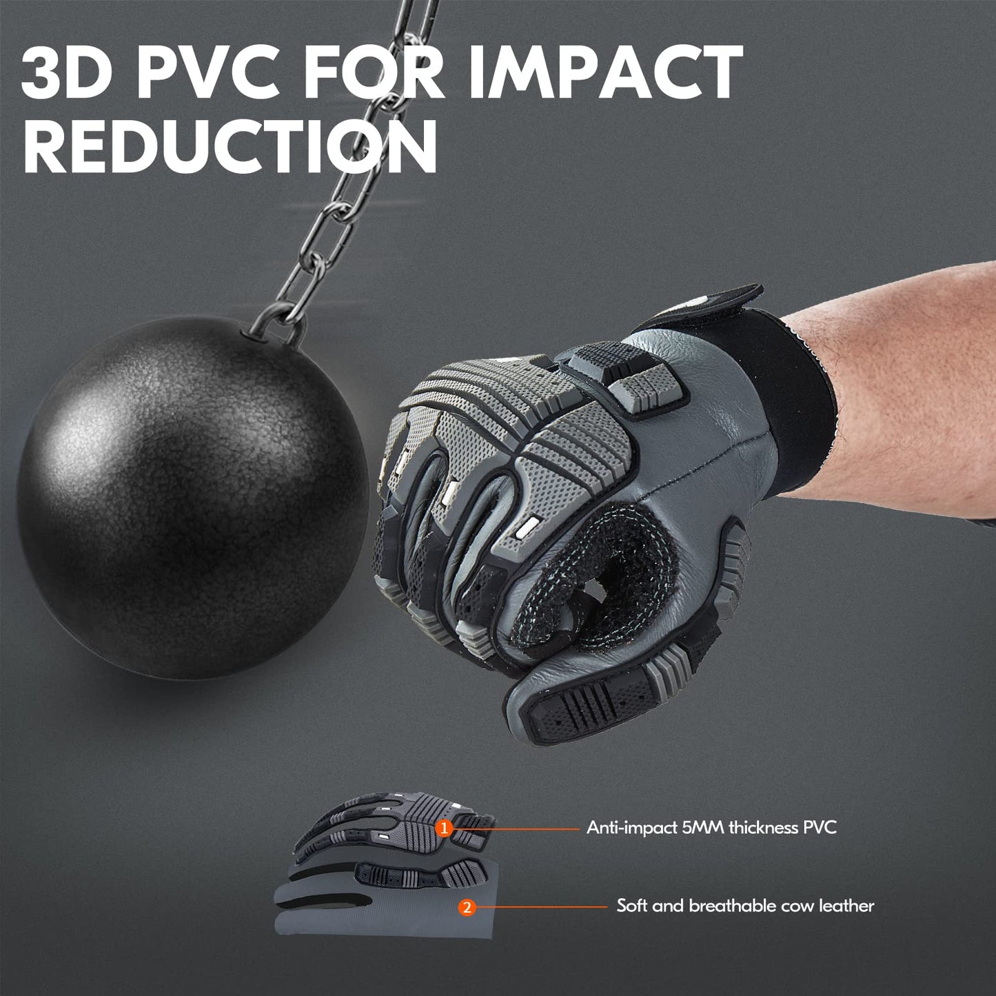 Vgo 1Pair Safety Leather Work Gloves - Mechanics, Impact & Rigger Gloves - Anti-Vibration, Heavy Duty, Water Resistant (Size M, Gray, CA7722WR)