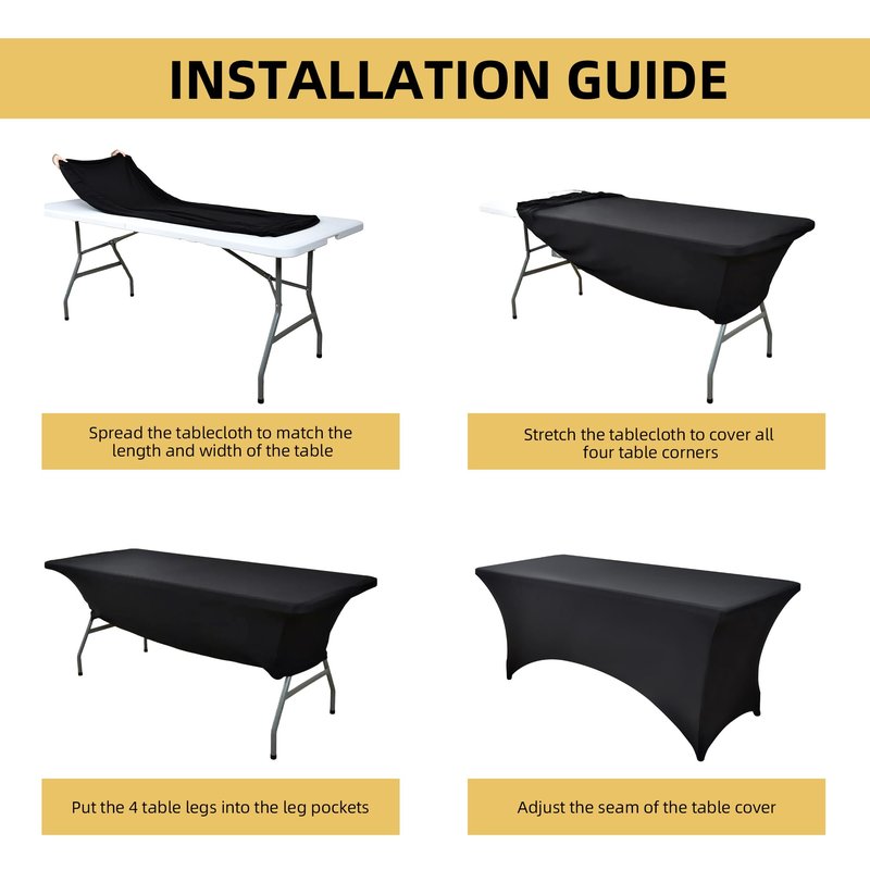 ZarzaaSik 6-Pack 8ft Black Spandex Table Covers for Rectangle Folding Tables - Washable Elastic Tablecloth - Ultimate Fitted Table Protector for Birthday Parties, Trade Shows, Banquet