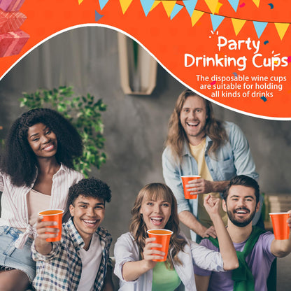 Sabary 100 Pack 12oz Plastic Cups Orange Graduation Heavy Duty Drinking Disposable Cups with Lines for Beverage Wedding Holiday Camping Barbecues Birthday Party Summer Outdoor Picnic