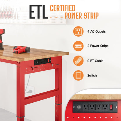 SPECRAFT 72" Red Adjustable Heavy Duty Workbench with 4 AC Outlet and 2 USB Ports Power Outlets, 6000 Lbs Capacity, Rubber Wood Top for Garage, Workshop, Office