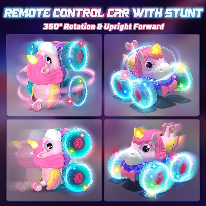 Lehoo Castle Remote Control Car for Girls 360° Rotating Unicorn Monster Truck with Light &amp Music 4WD All Terrain RC Stunt Car Rechargeable 2.4GHz RC Truck for 3 4 5 6 7 8 Girls Birthday Gift