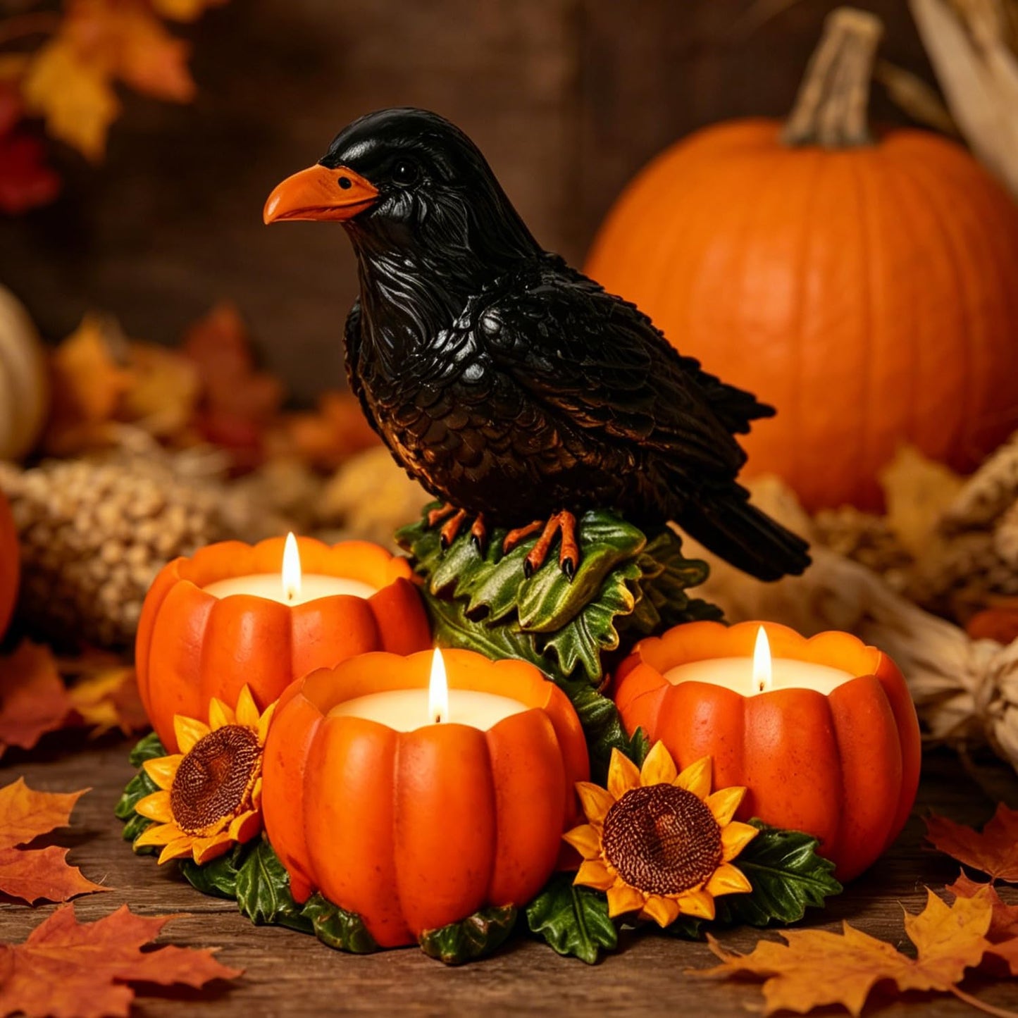 Halloween Raven Candle Holder Resin Black Crow Figurine with 3 Pumpkin Tealight Holders & Sunflower, Halloween Table Decorations for Fall Harvest Centerpiece and Thanksgiving