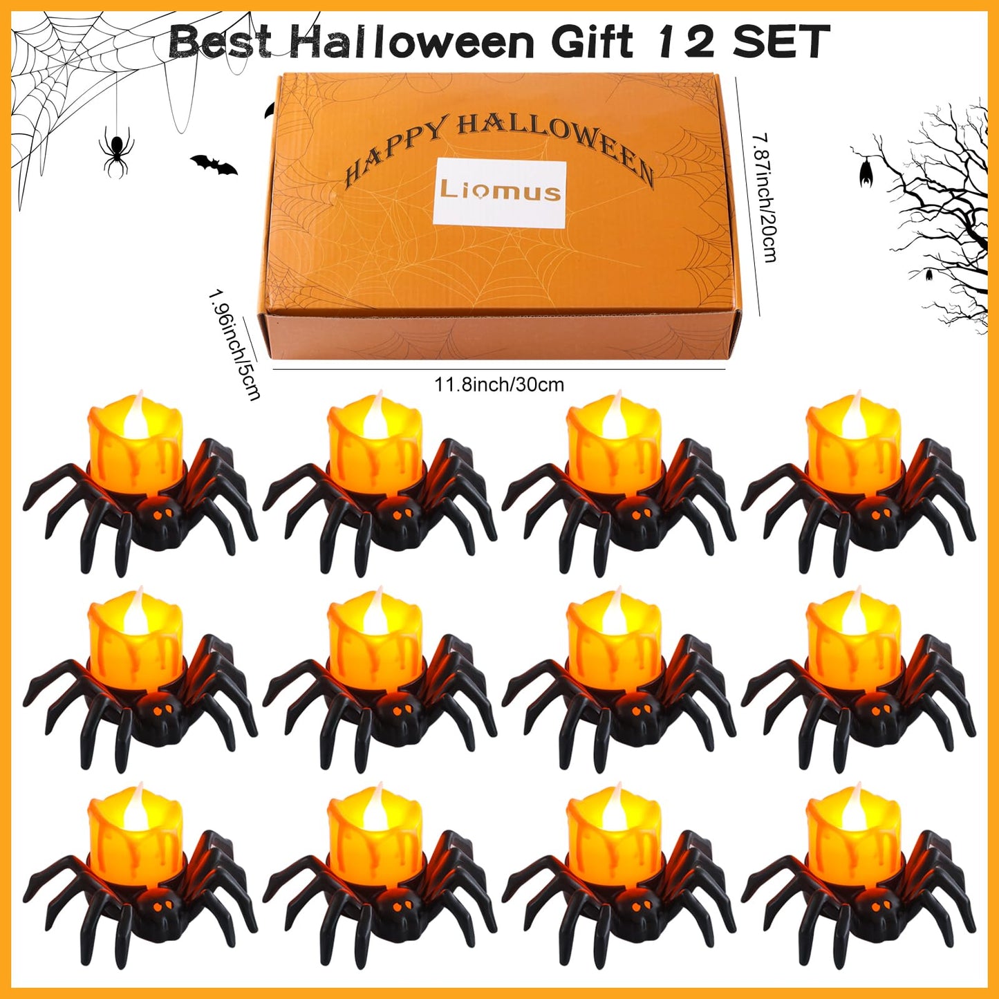 Liomus 12 Packs Halloween Spider Lights,Bright Novelty LED Flameless Spider Candle Tea Lights,Battery Operated Orange Halloween Decor Lights for Halloween Holiday Party Home Spooky Decor