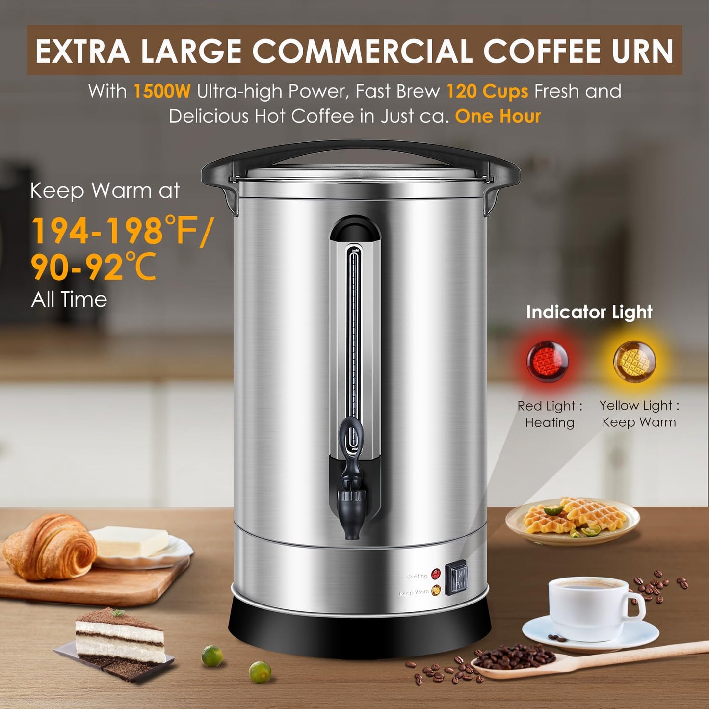 HOMOKUS Commercial Coffee Urn, 120 Cup Extra Large Hot Water Urn, 18L Silver Double Wall Stainless Steel Large Coffee Urns, 1500W Quick Brew Commercial Coffee Percolator Electric for Gatherings