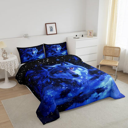 Feelyou Wolf Comforter Set Twin Size Wolves Howling Comforter for Boys Girls Teens Animal Wolves Bedding Set Mountain Moon Wolf Duvet Set Room Decor Ocean Blue Quilt Set