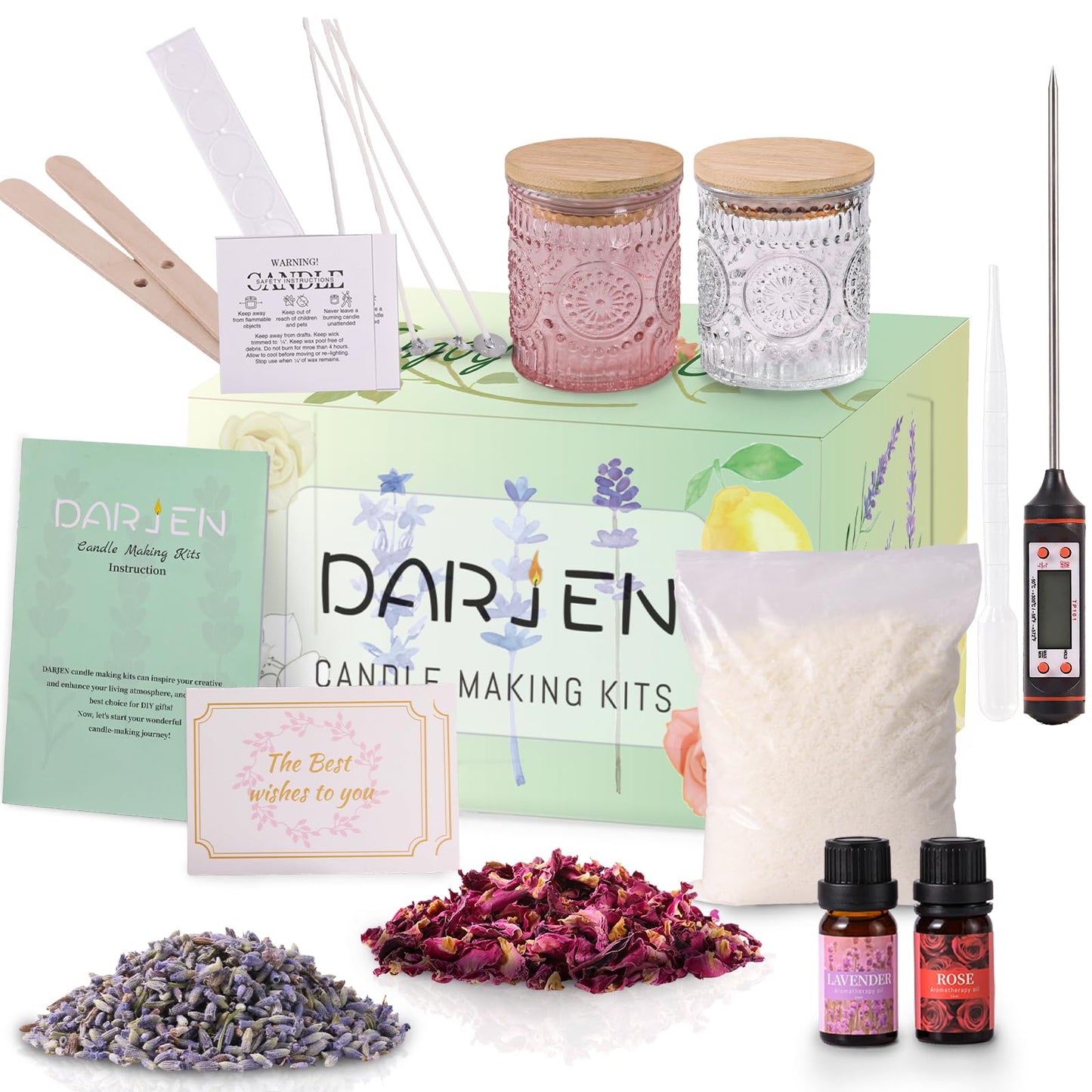 DARJEN Candle Making Kits for Adults- Soy Candle Making Supplies with 2 Candle Jars(Clear, Pink), Wax, Scents, Card & More, DIY Starter Candle Making Kit, Full Set DIY Arts & Crafts Gift
