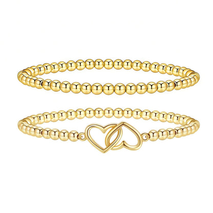 Jsuospmy Gold Beaded Bracelets for Women 14K Gold Double-heart Bracelet Handmade Stackable Bracelets for Women Trendy Non Tarnish Bracelet Jewelry Gift for Womens 2Pcs (03.Double-heart+Beaded (Gold))