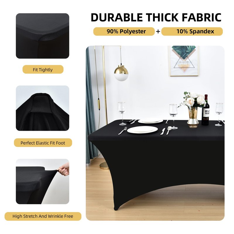 ZarzaaSik 6-Pack 4ft Spandex Black Table Covers for Rectangular Folding Tables - Wrinkle Resistant Stretch Tight Table Cloths - Ultimate Fitted Table Protector for Parties, Trade Shows, and Wedding